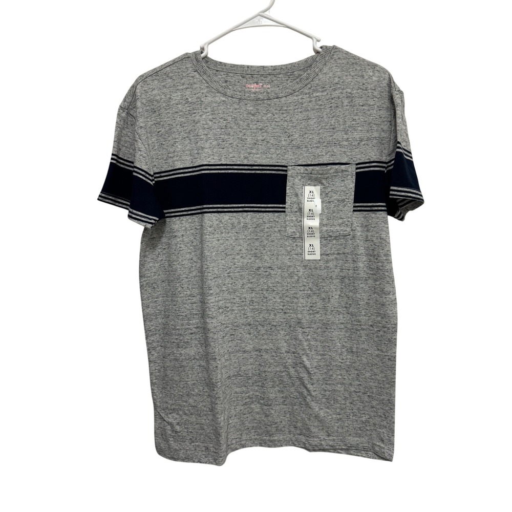 Cat & Jack Boys XL 14 Heather Gray Navy Stripe Short Sleeve Pocket T-Shirt NWT